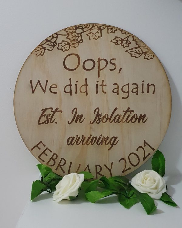 Engraved baby announcement round wooden plaque