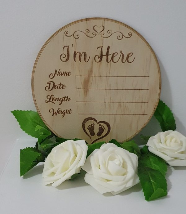 Engraved baby announcement round wooden plaque